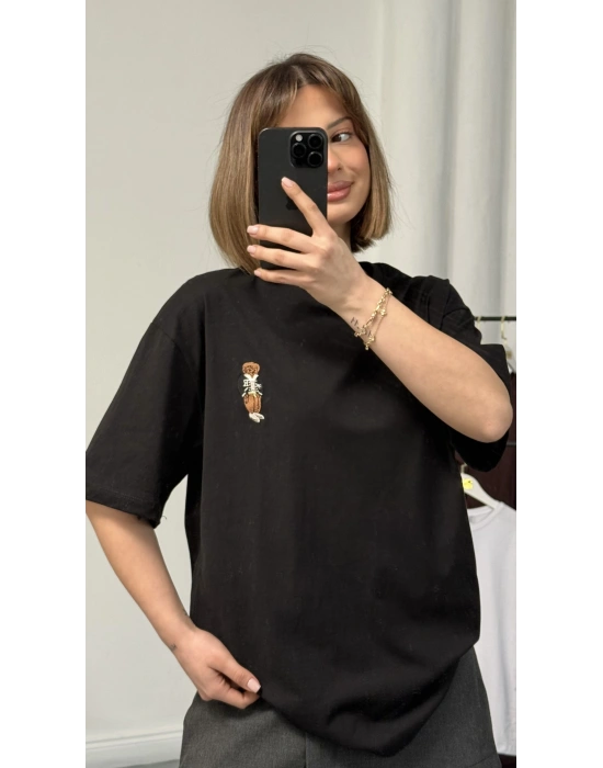 Bear Nakışlı Oversize Tshirt - Siyah