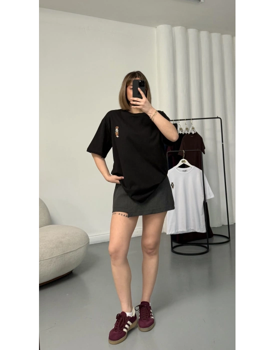 Bear Nakışlı Oversize Tshirt - Siyah
