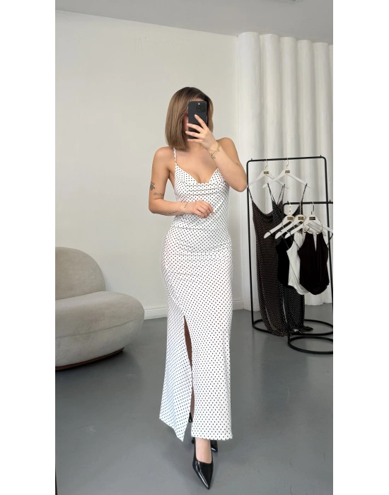 Askılı Puantiyeli Elbise - Beyaz