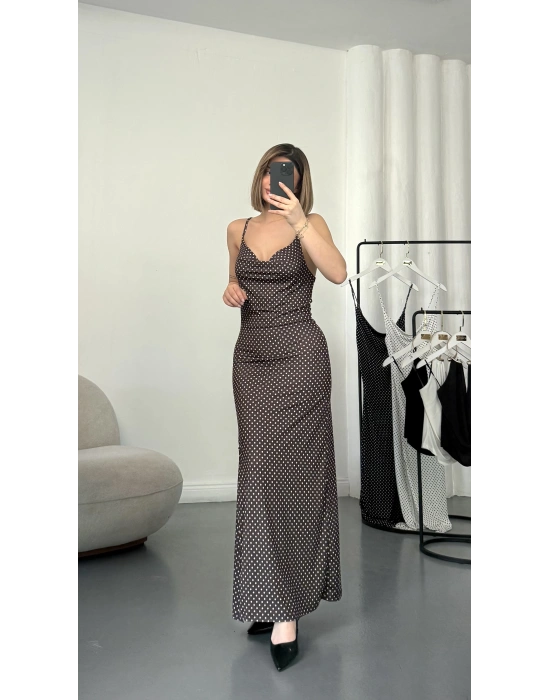 Askılı Puantiyeli Elbise - Kahve