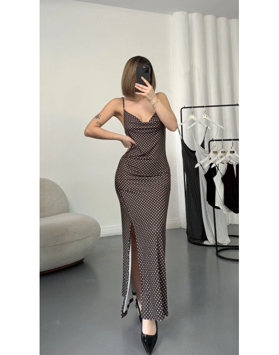 Askılı Puantiyeli Elbise - Kahve