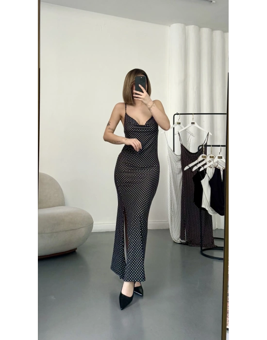 Askılı Puantiyeli Elbise - Siyah