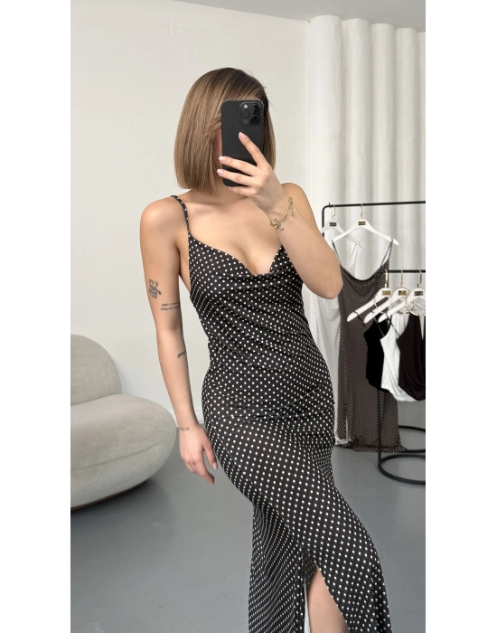 Askılı Puantiyeli Elbise - Siyah