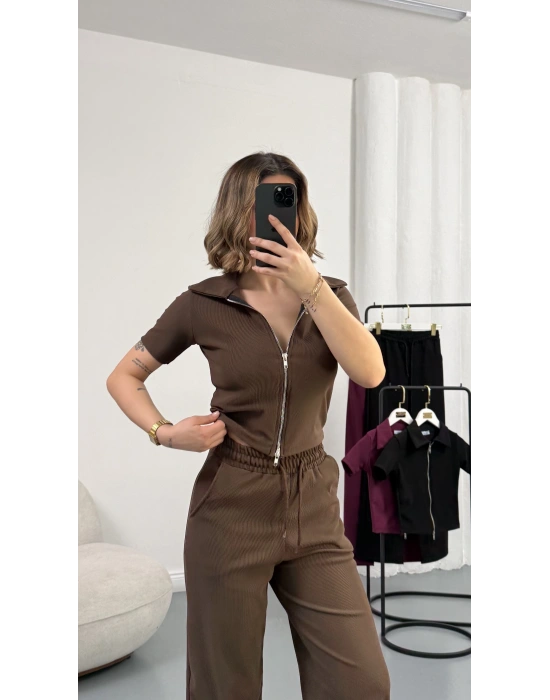Roxa Fermuarlı Crop Takım - Kahve