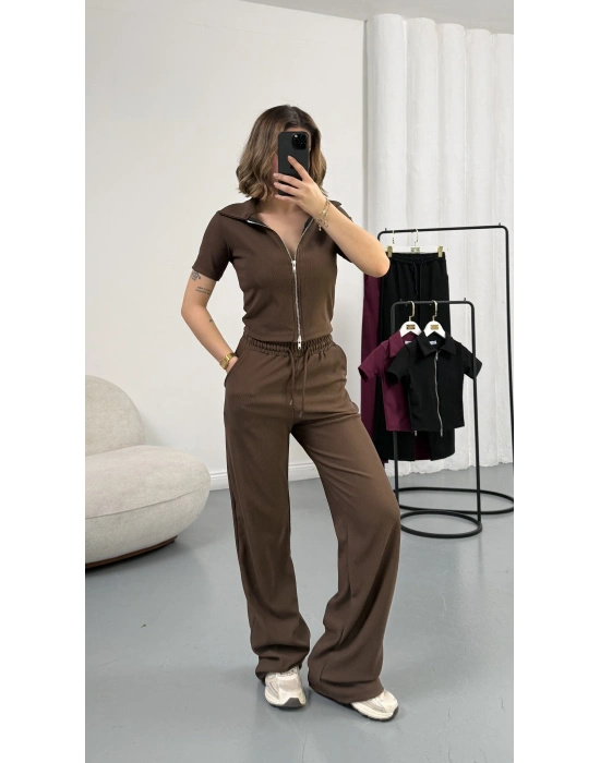 Roxa Fermuarlı Crop Takım - Kahve