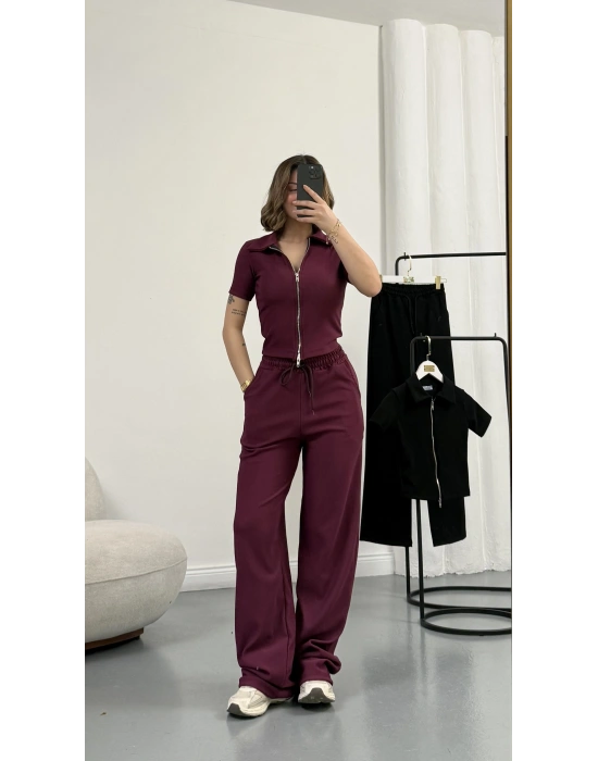 Roxa Fermuarlı Crop Takım - Bordo