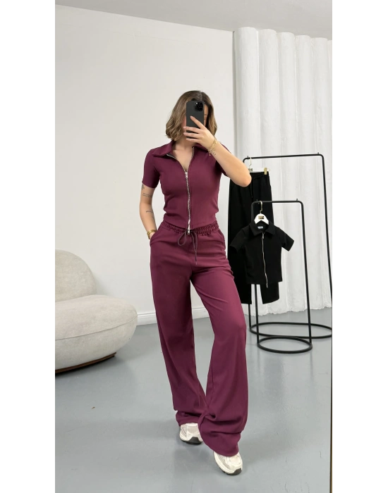 Roxa Fermuarlı Crop Takım - Bordo