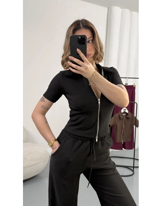 Roxa Fermuarlı Crop Takım - Siyah