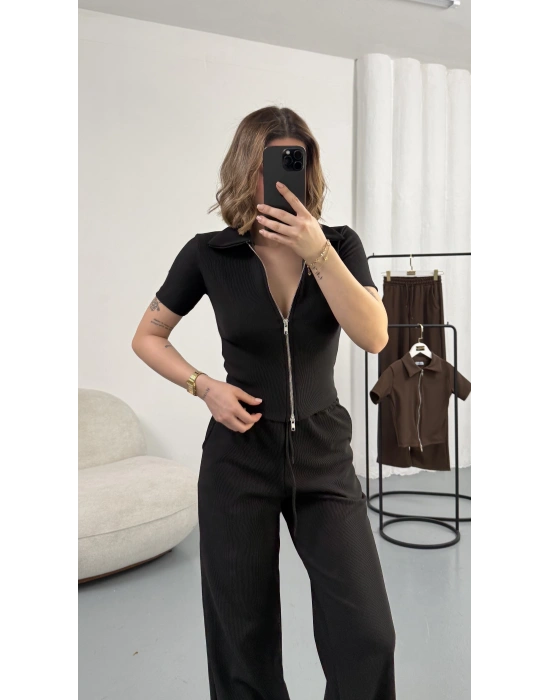 Roxa Fermuarlı Crop Takım - Siyah