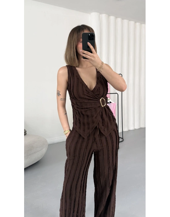 Carolin Tokalı Kruvaze Takım - Kahve