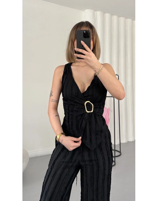 Carolin Tokalı Kruvaze Takım - Siyah