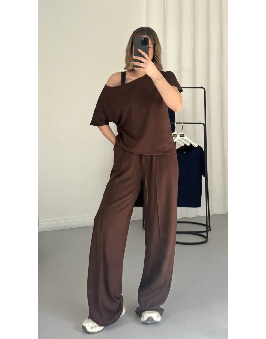 Hale Kayık Yaka Takım - Kahve