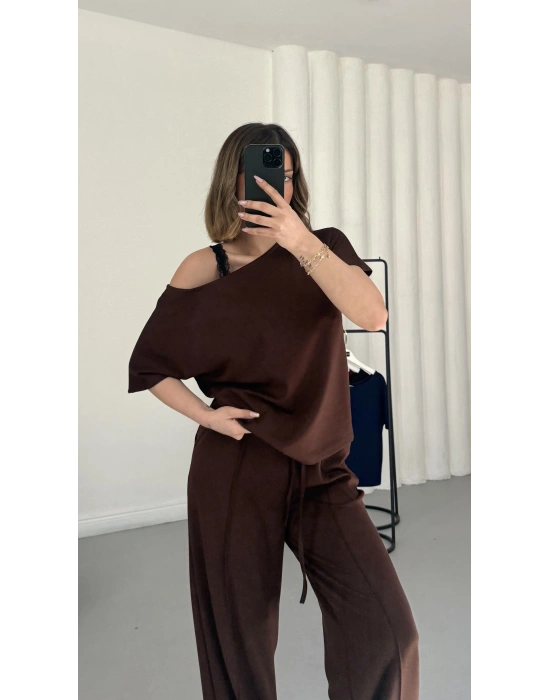 Hale Kayık Yaka Takım - Kahve