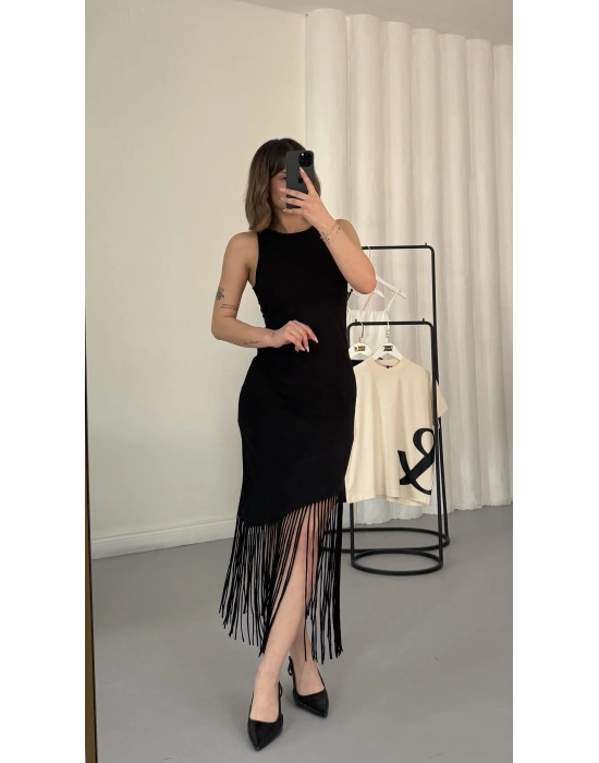 Jade Püskül Detay Elbise - Siyah