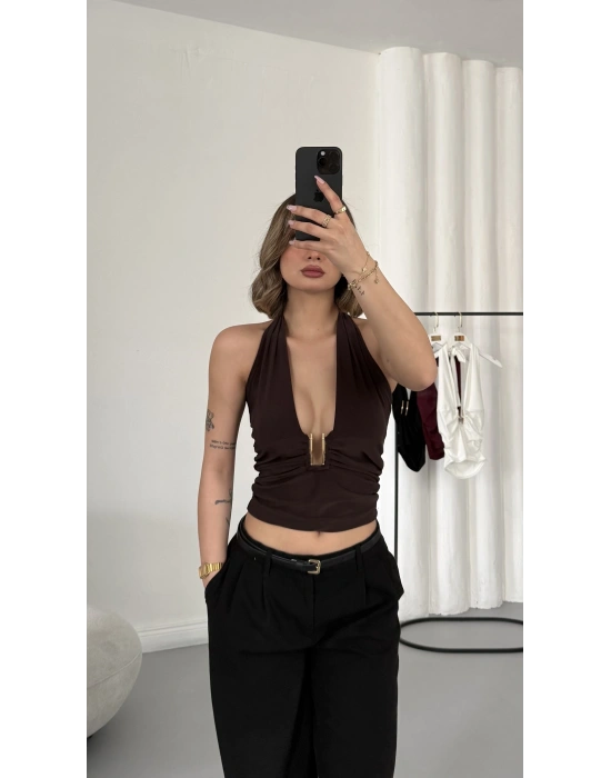 Elsie Tokalı Dekolte Bluz - Kahve