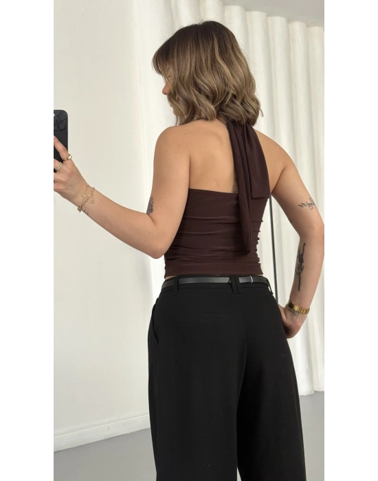 Elsie Tokalı Dekolte Bluz - Kahve