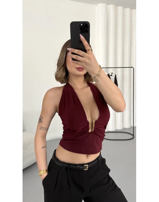 Elsie Tokalı Dekolte Bluz - Bordo
