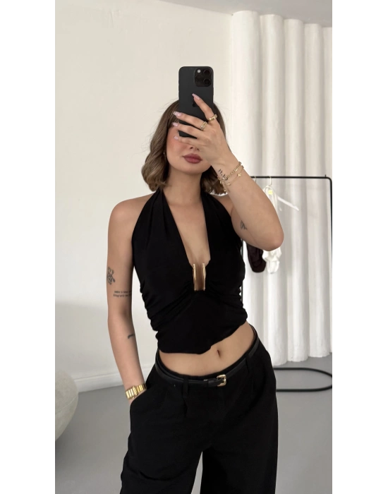 Elsie Tokalı Dekolte Bluz - Siyah