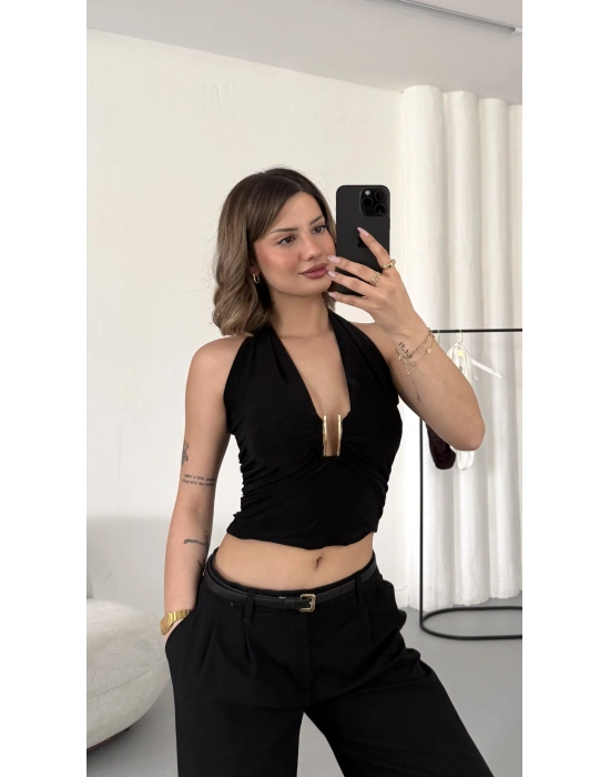 Elsie Tokalı Dekolte Bluz - Siyah