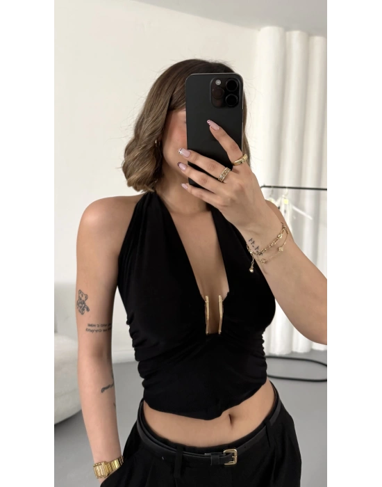 Elsie Tokalı Dekolte Bluz - Siyah