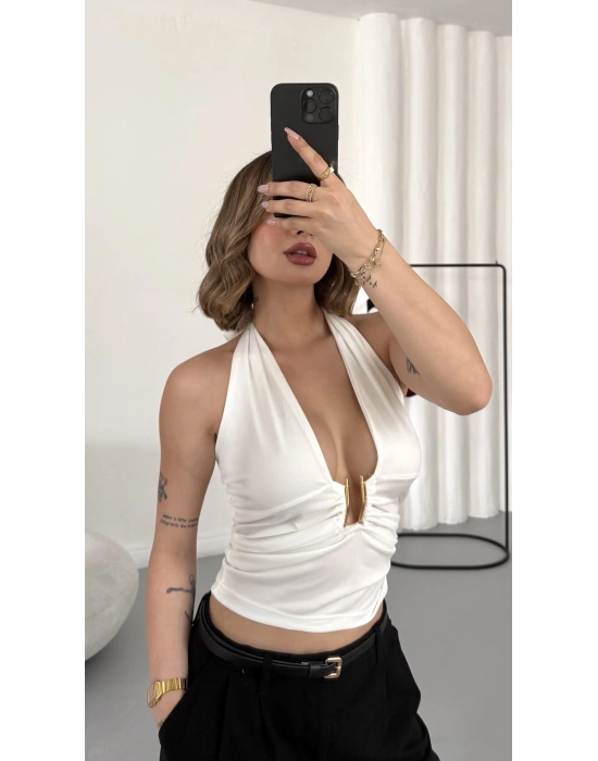 Elsie Tokalı Dekolte Bluz - Beyaz