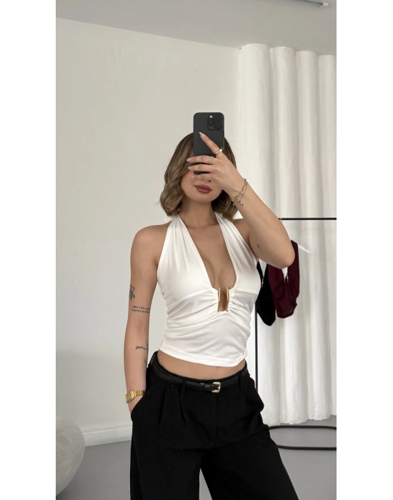 Elsie Tokalı Dekolte Bluz - Beyaz