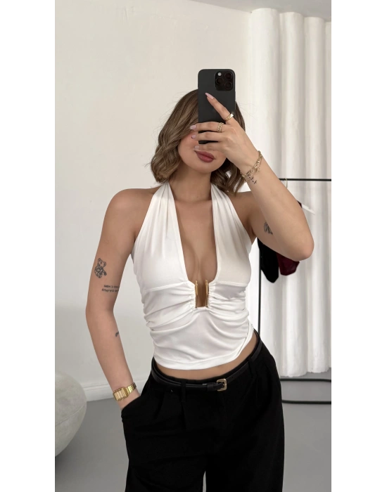 Elsie Tokalı Dekolte Bluz - Beyaz