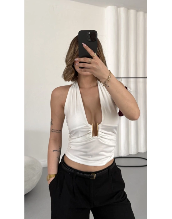 Elsie Tokalı Dekolte Bluz - Beyaz