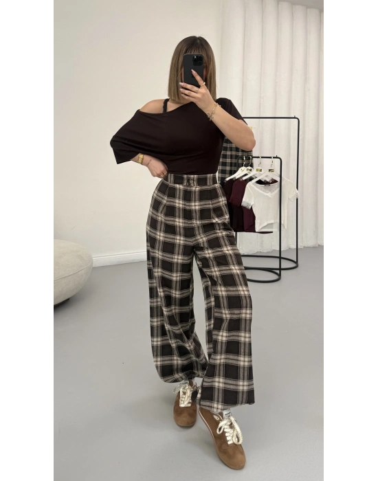 Ekoseli Şalvar Pantolon - Kahve