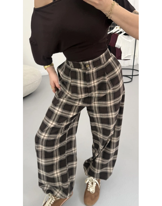 Ekoseli Şalvar Pantolon - Kahve