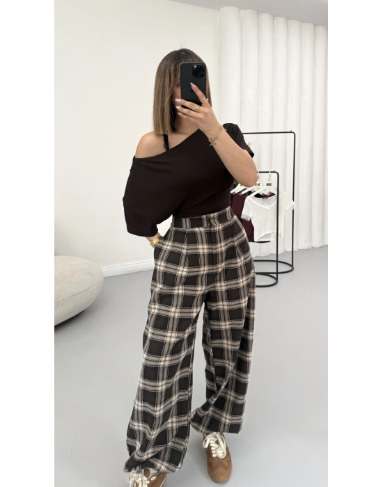 Ekoseli Şalvar Pantolon - Kahve