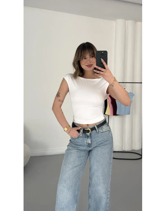 Moon Sırt Dekolte Crop - Beyaz