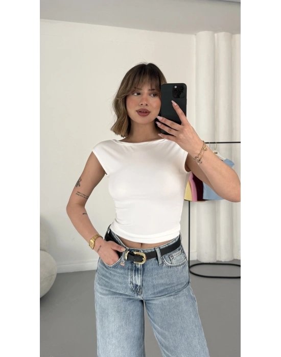 Moon Sırt Dekolte Crop - Beyaz