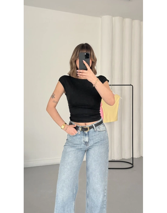 Moon Sırt Dekolte Crop - Siyah