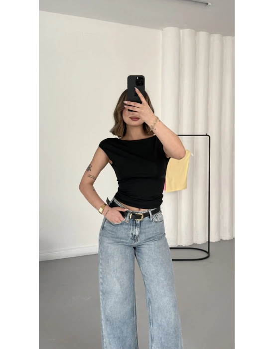 Moon Sırt Dekolte Crop - Siyah