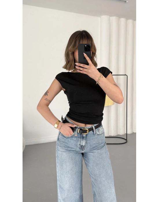 Moon Sırt Dekolte Crop - Siyah