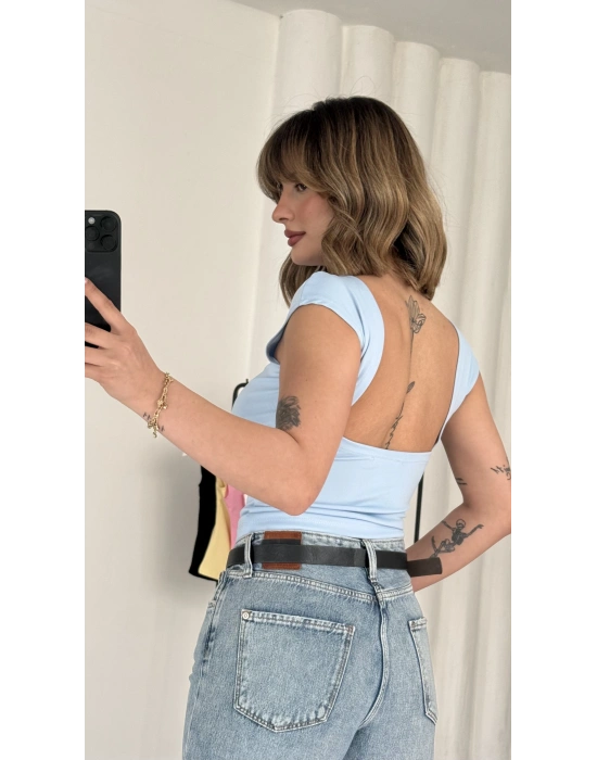 Moon Sırt Dekolte Crop - Mavi