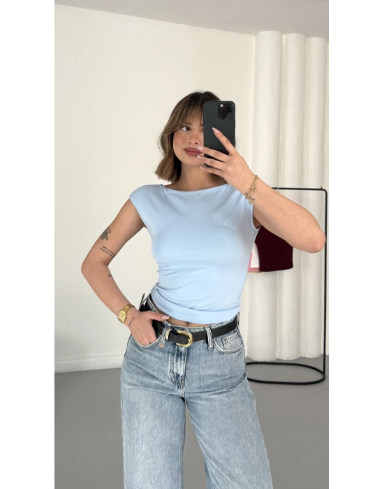 Moon Sırt Dekolte Crop - Mavi