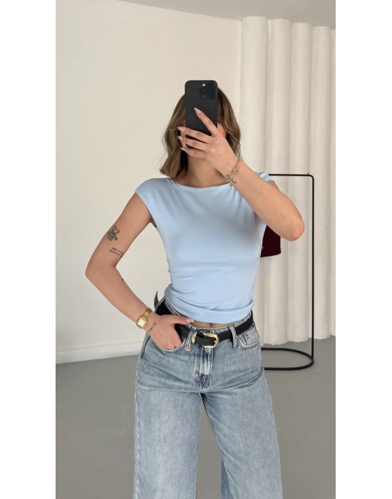 Moon Sırt Dekolte Crop - Mavi