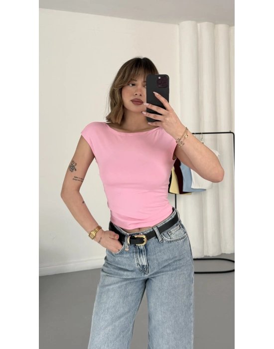 Moon Sırt Dekolte Crop - Pembe