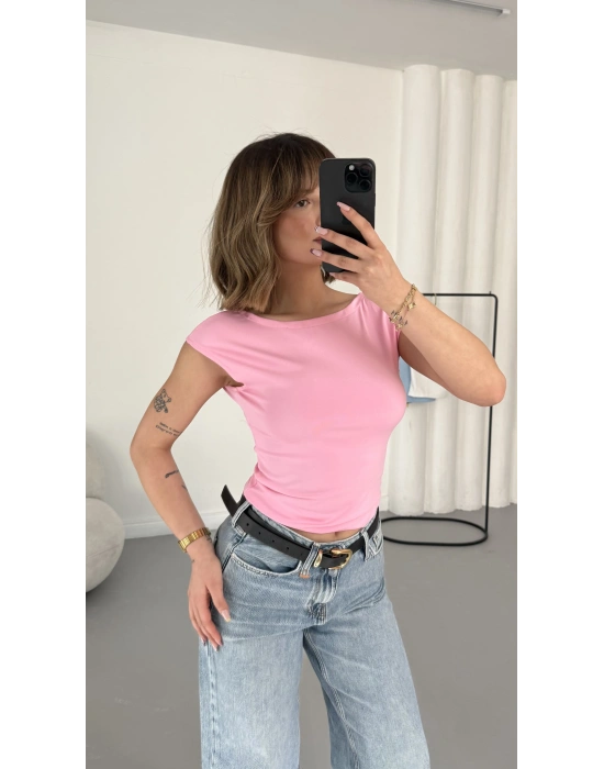 Moon Sırt Dekolte Crop - Pembe