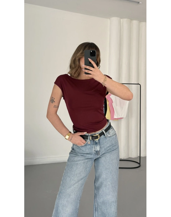 Moon Sırt Dekolte Crop - Bordo