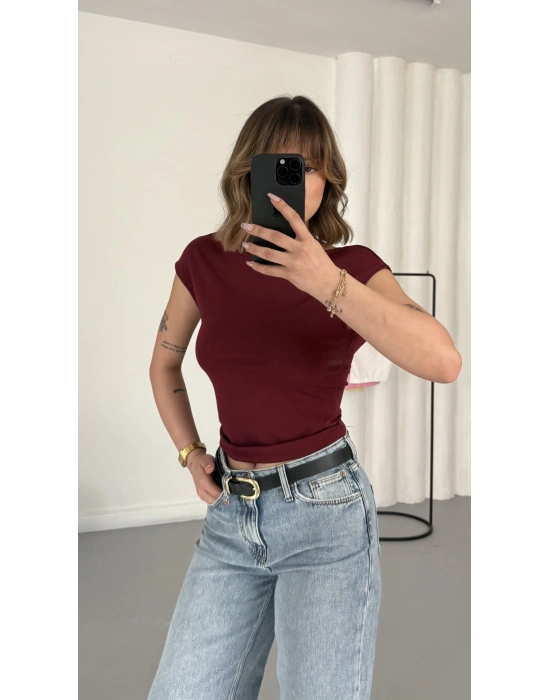 Moon Sırt Dekolte Crop - Bordo