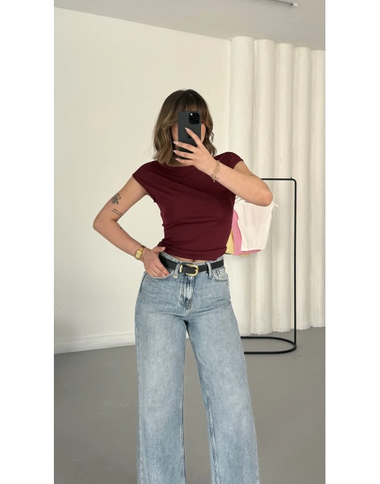 Moon Sırt Dekolte Crop - Bordo