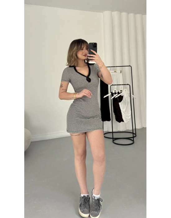 Polo Yaka Çizgili Elbise - Siyah