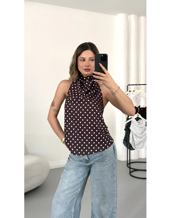 Puantiyeli Sırt Dekolte Bluz - Kahve