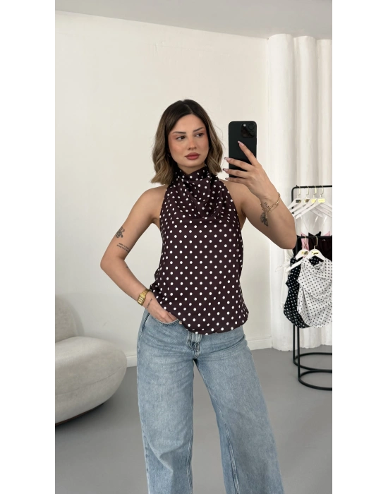 Puantiyeli Sırt Dekolte Bluz - Kahve