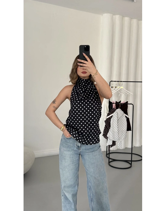 Puantiyeli Sırt Dekolte Bluz - Siyah