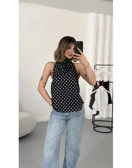 Puantiyeli Sırt Dekolte Bluz - Siyah