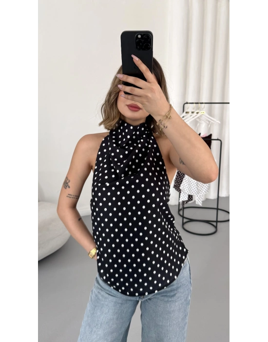 Puantiyeli Sırt Dekolte Bluz - Siyah